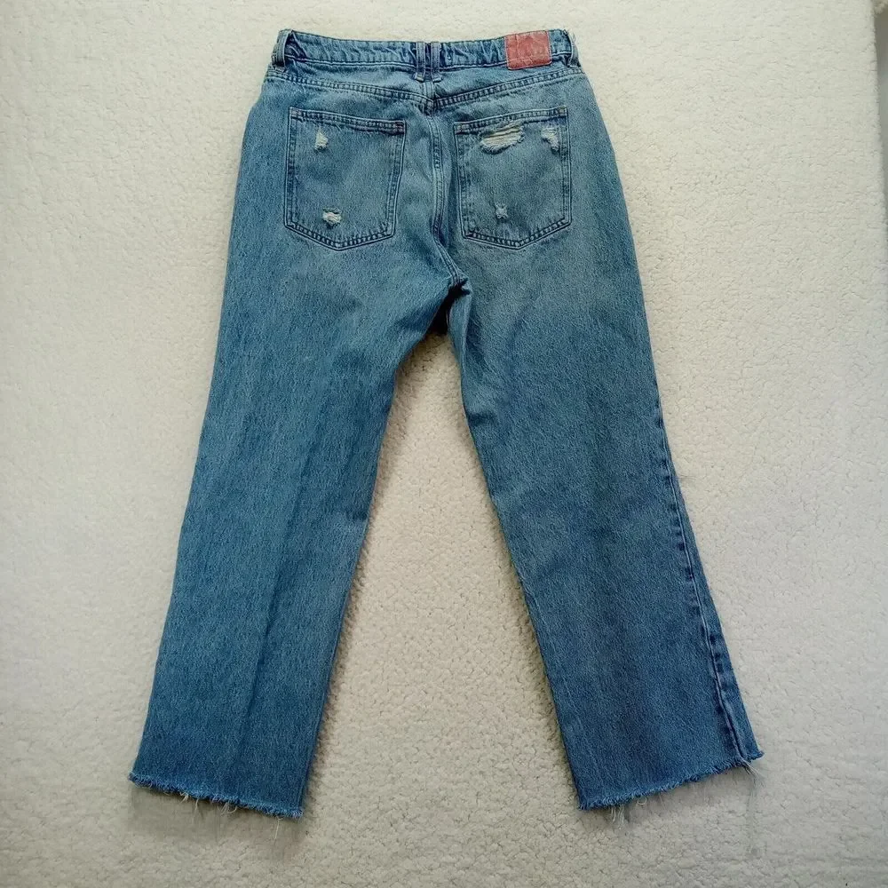 Zara Straight Baggy Jeans Womens‎ 10 (W32) Raw Hem Distressed Cotton Denim Heavy